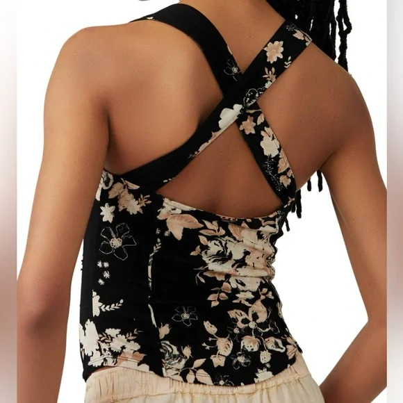 ✨ Free People Ginger Snap Cross Back Black Tank Top – Size Medium ✨ Boho Floral - Picture 2 of 7